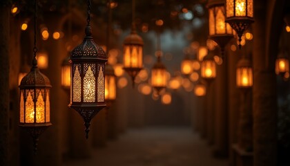 Gleaming Golden And Orange Lanterns Illuminate Dimly Lit Pathway