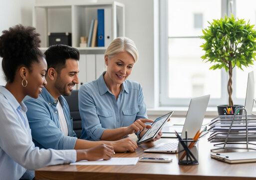 Diverse Office Colleagues Collaborating on Laptop and Tablet in Modern Workspace - Powered by Adobe