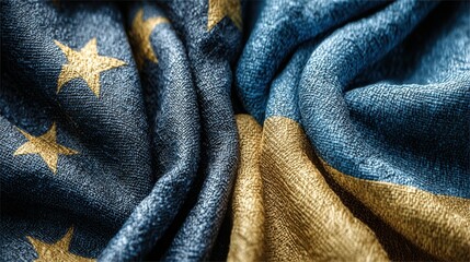 Detailed fabric textures of European Union flag and Ukraine flag intertwined in close-up view