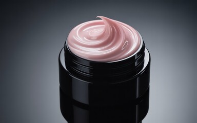 Close up of a black jar filled with pink cream on a reflective surface against a grey background
