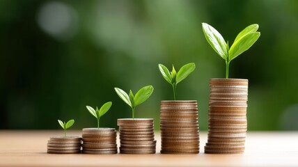 Personal finance development. Growth of plants from coins symbolizes investment and financial prosperity.