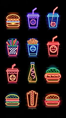 A set of neon fast food elements, cute icons on a black background, retro designs