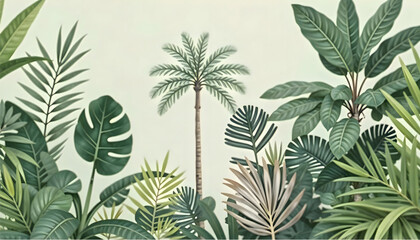 Tropical Rainforest Vector – Southeast Asian Trees and Plants in Lush Green Jungle Illustration for Living Room or Bedroom Wall Murals and Home Decor