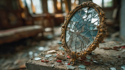 A cracked antique mirror in an abandoned room, reflecting remnants of a broken past