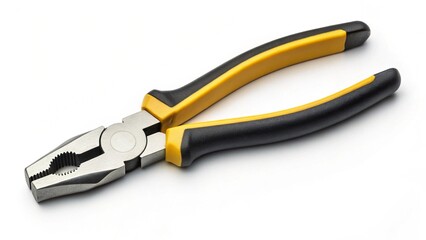 A classic pair of combination pliers with yellow and black insulated handles, positioned diagonally against a clean white background. The metal jaws are closed