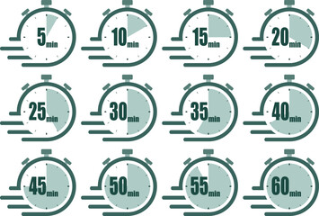 Stopwatch clock icons representing various time intervals from 5 to 60 minutes in a simple design