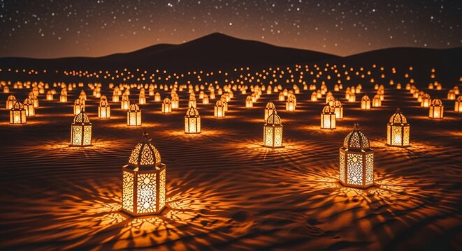 Glowing Lanterns in a Starry Desert Night