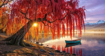 A serene autumn lake scene with vibrant red willow leaves, golden sunlight peeking through branches, and a wooden boat on still waters – AI Generated Digital Art