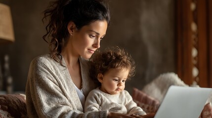 a real young mother working remotely on a laptop while holding her toddler, multitasking in a small apartment, modern family challenges, photorealistic 