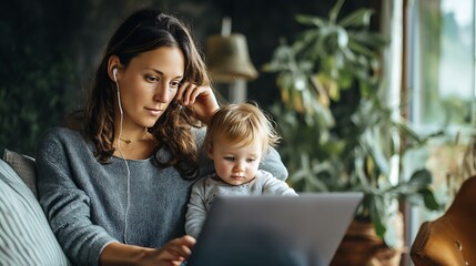 a real young mother working remotely on a laptop while holding her toddler, multitasking in a small apartment, modern family challenges, photorealistic 