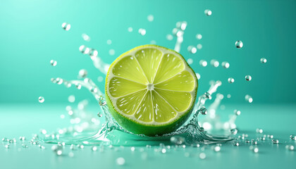 A vibrant, juicy lime half splashes into clear water