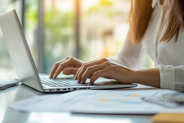 Female hands office manager typing on laptop. Closeup of businesswoman typing on laptop computer