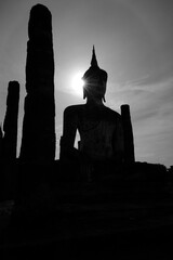 Angle Silhouette of Buddha Statue at Sunset – Sukhothai, Thailand
