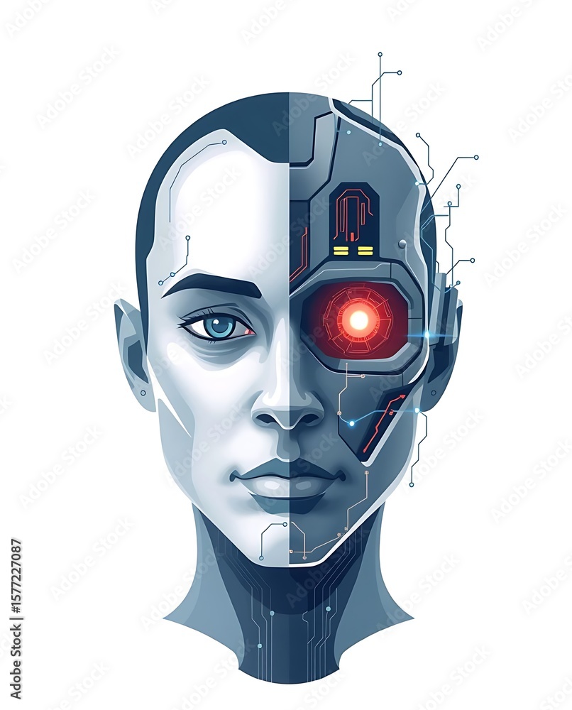 Poster futuristic cyborg face showcases advanced robotics and human integration, blending technology with l
