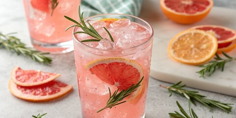Pink Citrus Summer Mocktail with Ice and Rosemary
