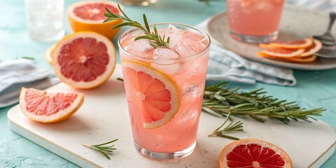 Pink Citrus Summer Mocktail with Ice and Rosemary