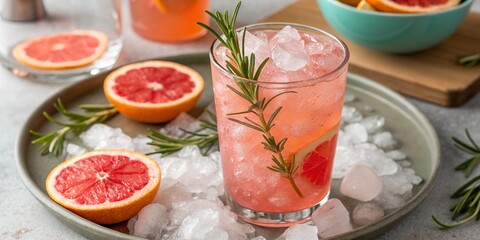 Pink Citrus Summer Mocktail with Ice and Rosemary