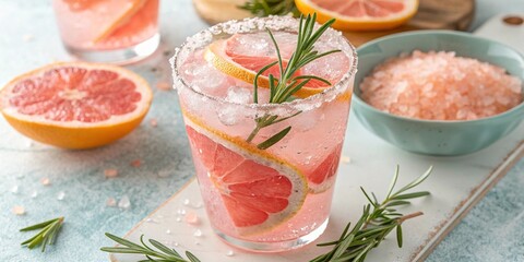 Pink Citrus Summer Mocktail with Ice and Rosemary