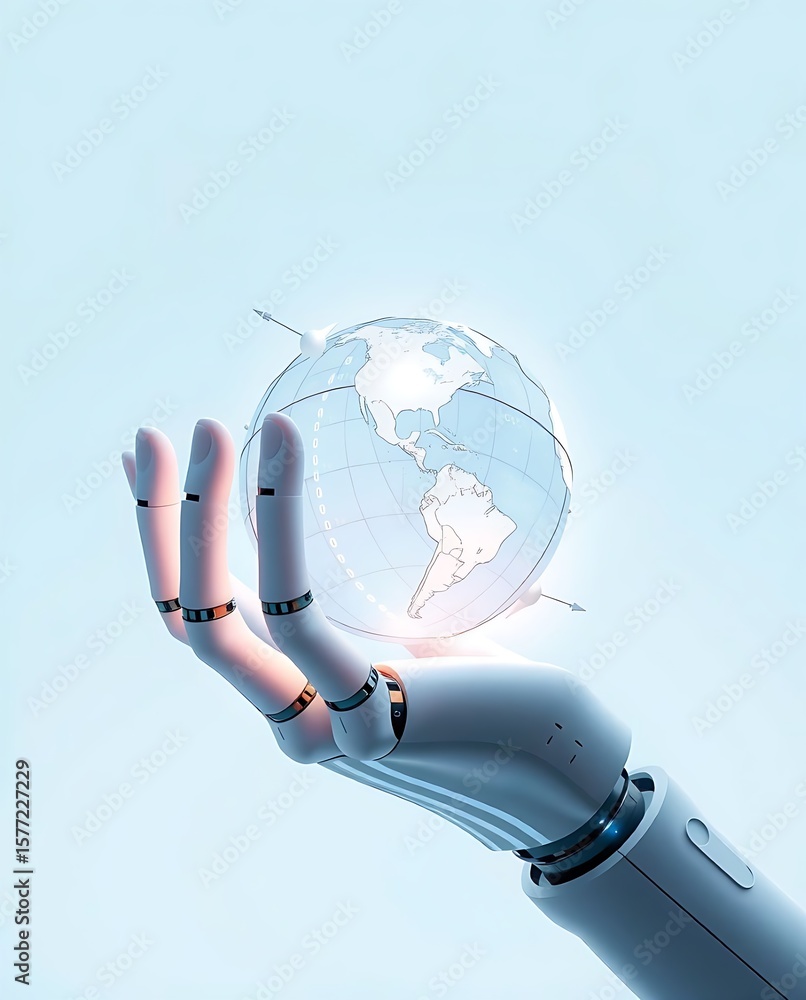 Poster robot hand gently cradles a glowing digital globe, symbolizing global technology, innovation and the