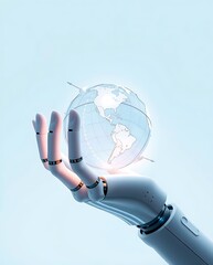 Robot hand gently cradles a glowing digital globe, symbolizing global technology, innovation and the future of artificial intelligence.