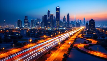 Fototapeta premium Illuminated City Skyline at Night with Light Trails