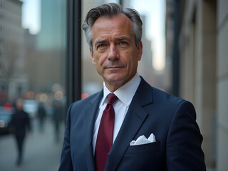 Fototapeta premium Confident Businessman in Formal Suit Standing Outside Urban Office Building