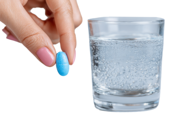 Pharmacist's hand places a tablet with water