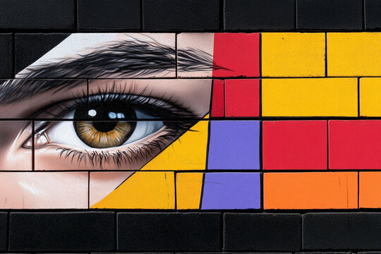 Vibrant graffiti eye on urban wall embodies chaos and creativity