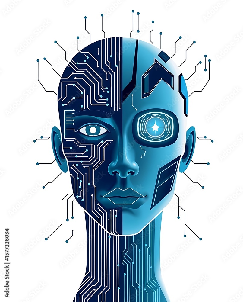 Poster digital future unfolds with a cyborg face showcasing technology and artificial intelligence in a str