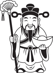 Black and White Illustration of a Smiling Chinese God Holding Gold and a Fan