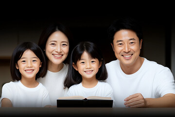 Grandparents share a storybook with their grandchildren happily