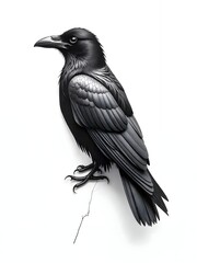 Fototapeta premium Detailed Black Raven Bird Illustration Perched on a Clean White Background