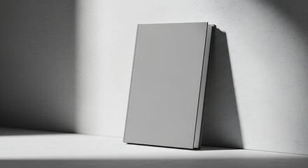 Blank gray book cover mockup leaning against a textured white wall with shadows