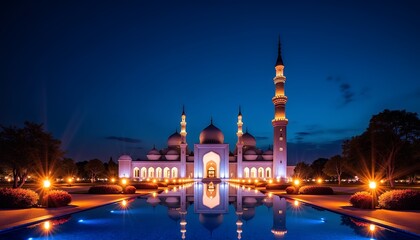 Fototapeta premium Illuminated Mosque at Dusk with Reflecting Pool