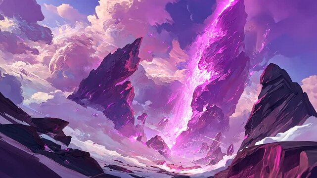 Psychedelic, vibrant landscape of towering, purple-hued peaks amidst swirling, pastel clouds