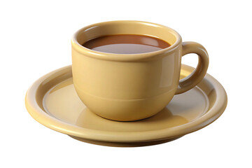 A warm cup of coffee with cream on a matching saucer isolated on transparent background