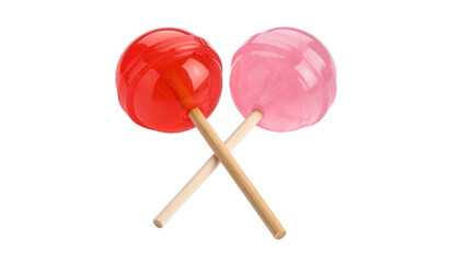 Vibrant Red and Pink Lollipops Twisted Together on Wooden Sticks – Transparent Background

