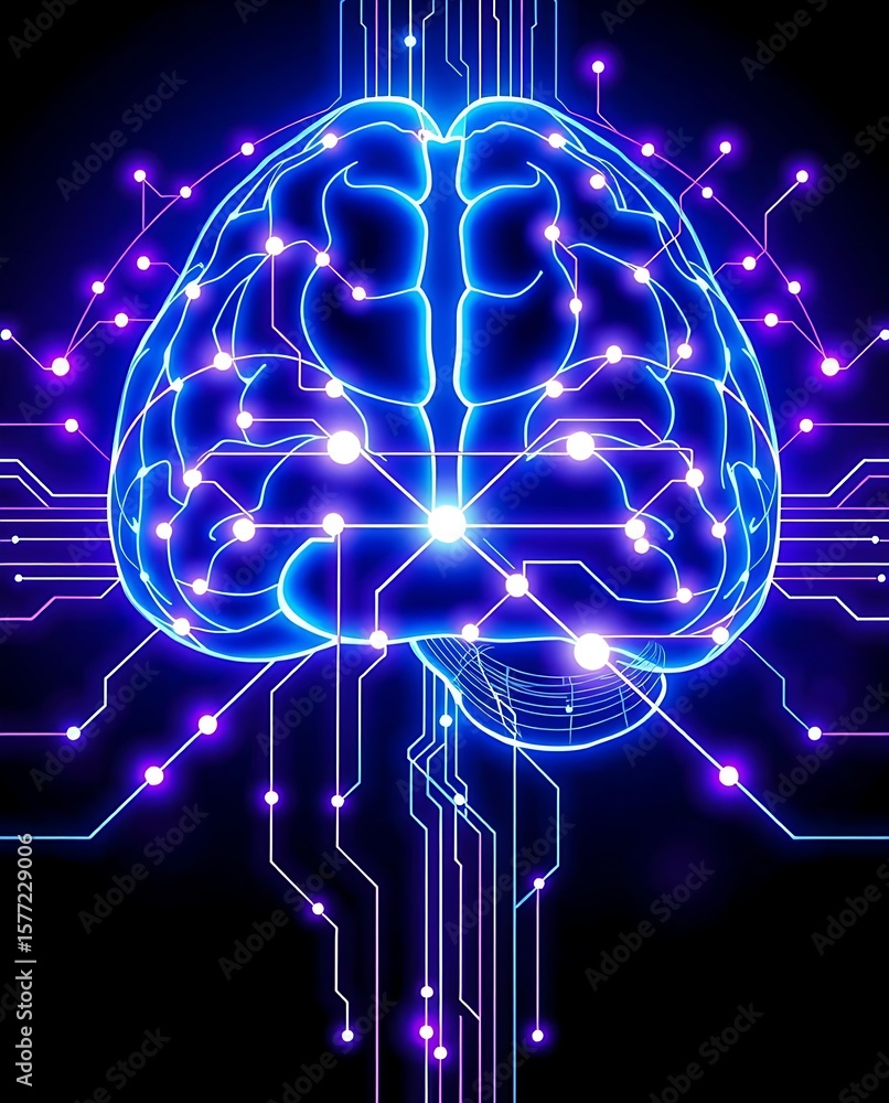 Poster artificial intelligence concept showing human brain connected to a digital circuit, representing tec