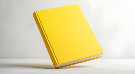 Bright yellow hardcover book sitting on a white surface against a neutral background