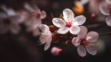 close-up of cherry blossoms in a garden with soft bokeh and a dark aesthetic capturing delicate floral beauty in a moody atmospheric composition