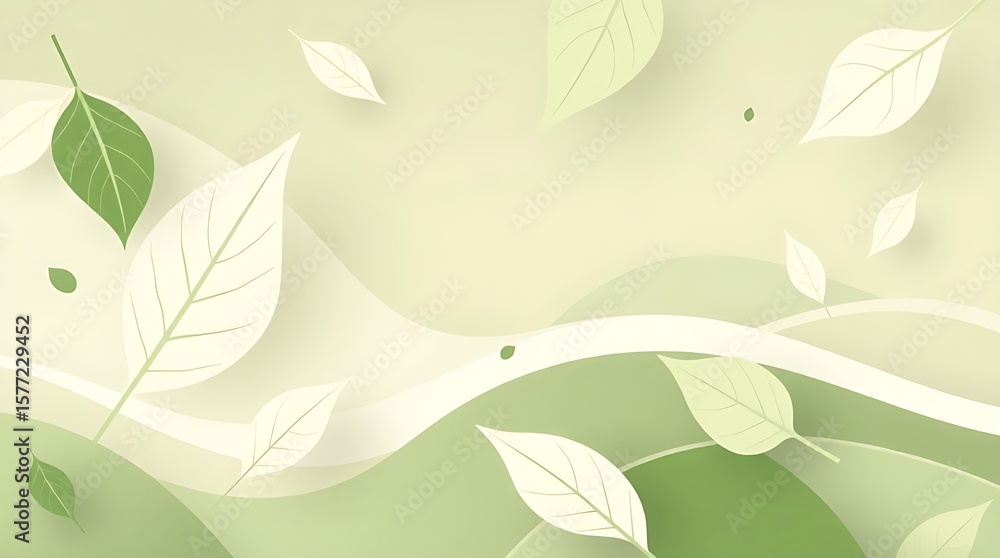 Aufkleber a soft, green background evokes nature with pastel leaves and abstract waves, creating a calming bac