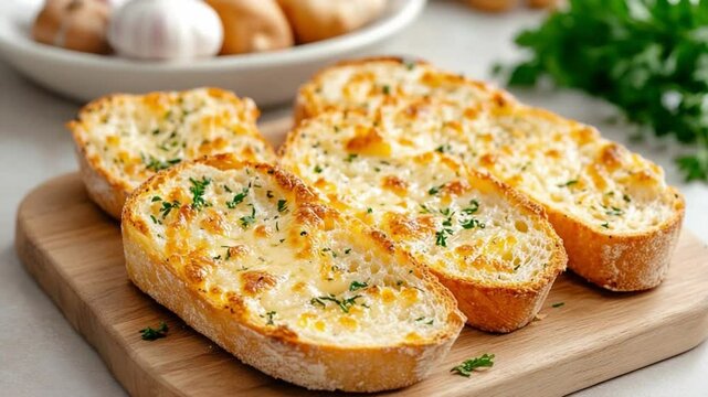 Golden Garlic Bread: Slices of freshly baked, golden garlic bread are artfully arranged on a wooden board, a culinary delight that exudes warmth and savory flavors.