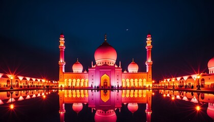 Illuminated Mosque Reflecting in Water at Night