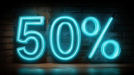 A bright blue neon "50%" sign illuminates a dark brick wall, symbolizing a significant discount.