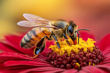 Fototapeta premium Honeybee gathers nectar from a vibrant flower in spring
