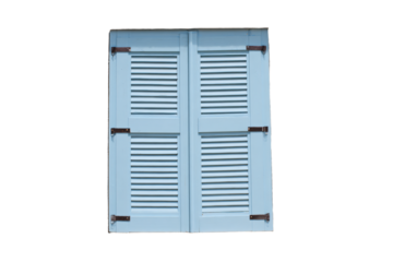 a blue window with shutters on a white wall