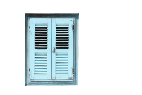 a blue window with shutters on a white wall