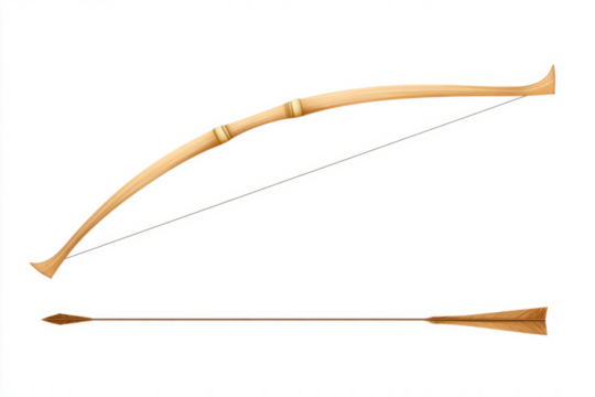 Wooden longbow with drawn string, isolated medieval archer weapon