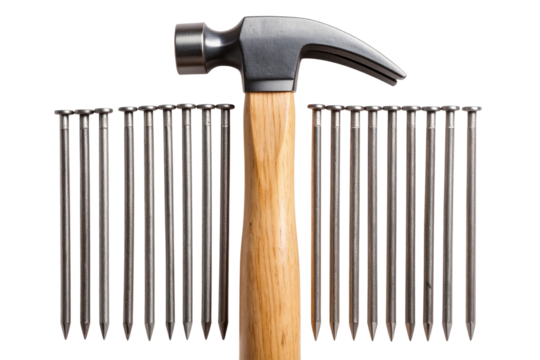 Top View of Wooden Hammer with Aligned Nails, PNG Transparent Background - Powered by Adobe