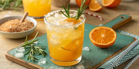 orangecitrus summer mocktail with ice and rosemary